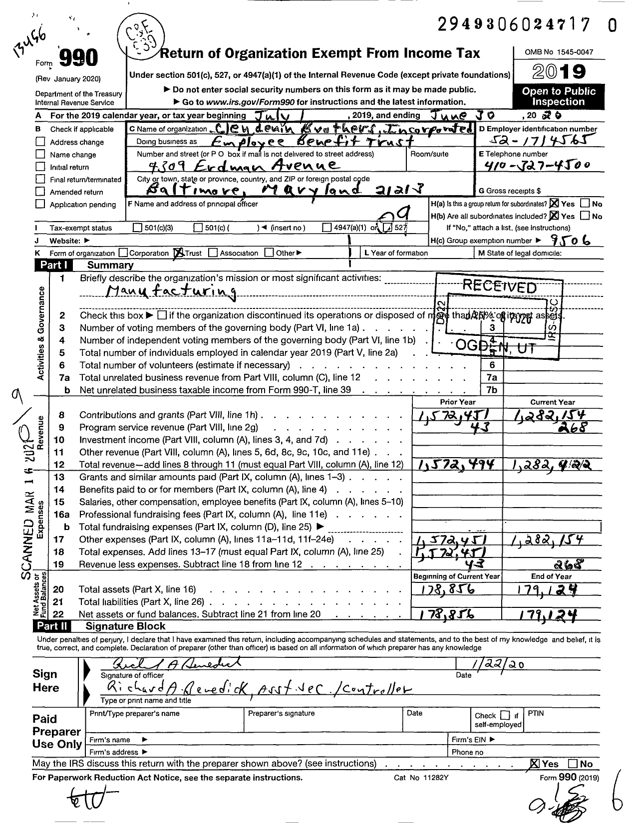 Image of first page of 2019 Form 990O for Clendenin Brothers Incorporated