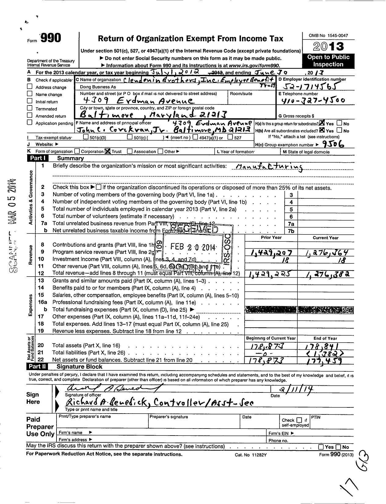 Image of first page of 2012 Form 990O for Clendenin Brothers Incorporated