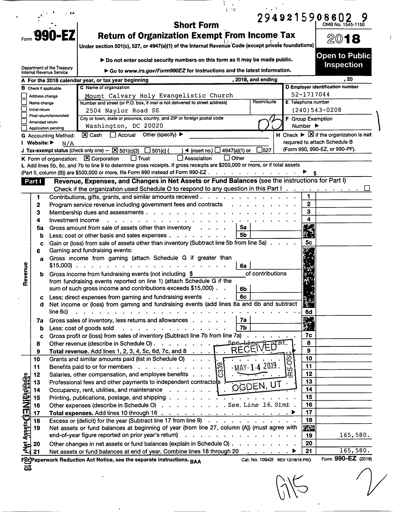 Image of first page of 2018 Form 990EZ for Mount Calvary Holy Evangelistic Church