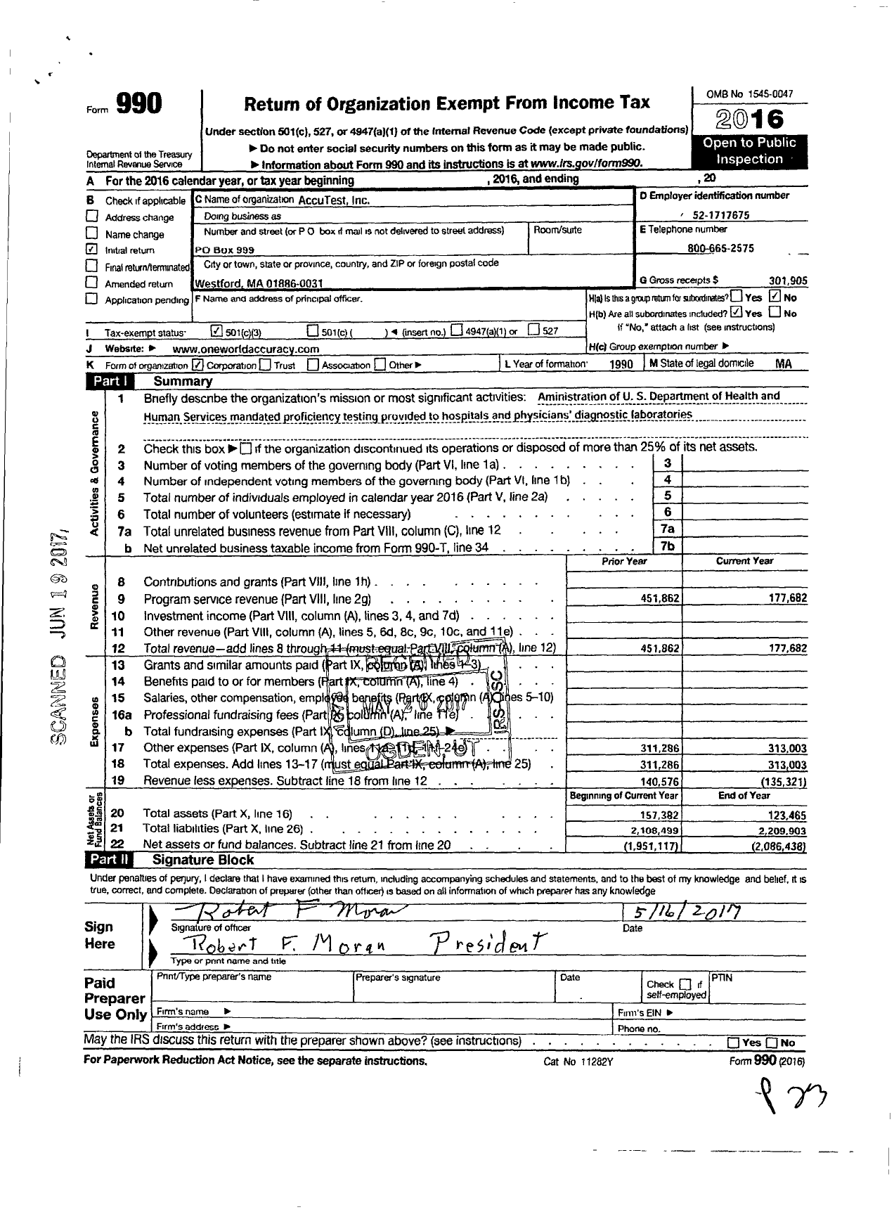 Image of first page of 2016 Form 990 for Accutest