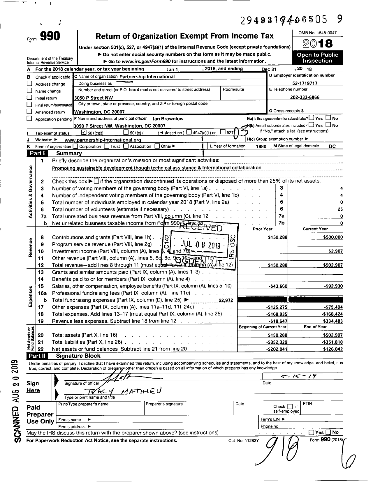 Image of first page of 2018 Form 990 for Partnership International