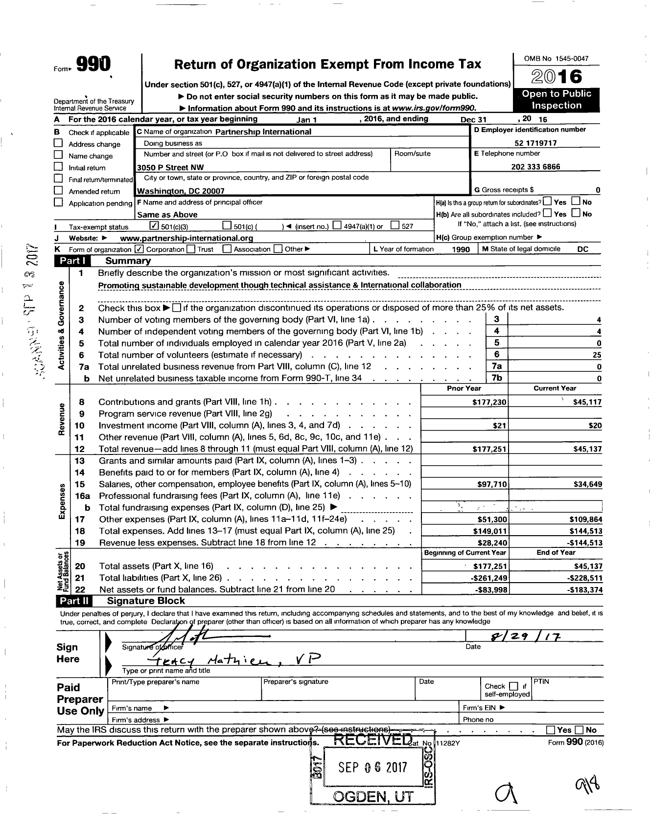 Image of first page of 2016 Form 990 for Partnership International