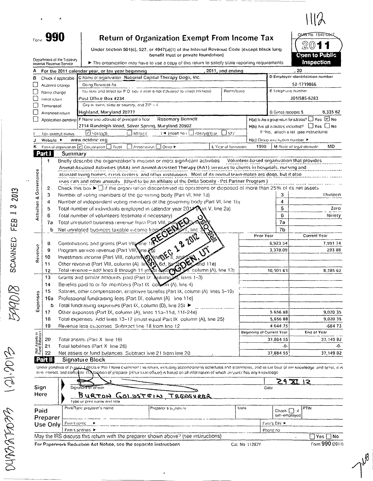 Image of first page of 2011 Form 990 for National Capital Therapy Dogs