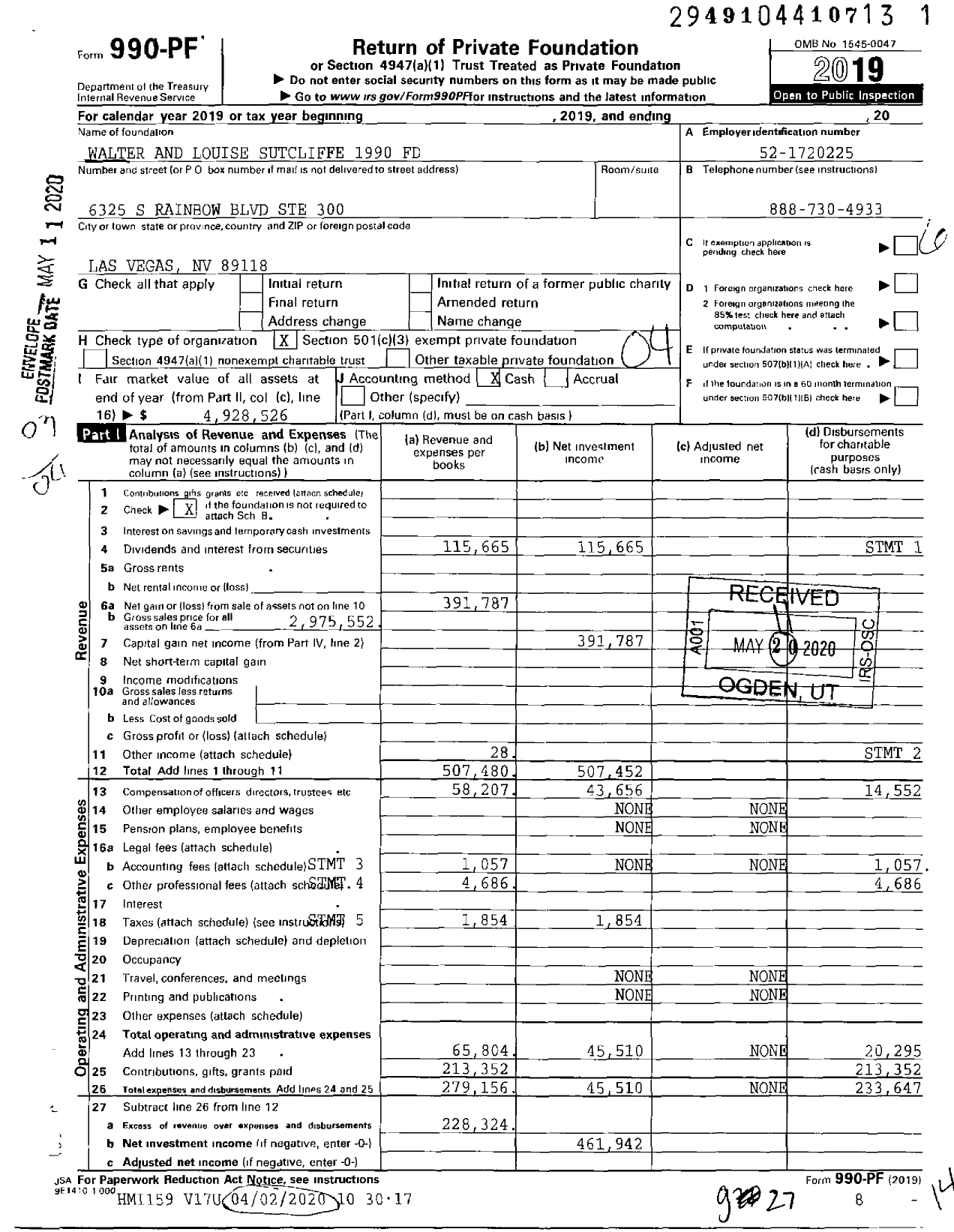 Image of first page of 2019 Form 990PF for Walter and Louise Sutcliffe 1990 Fund