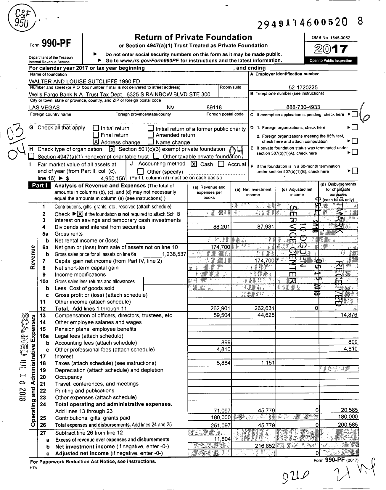 Image of first page of 2017 Form 990PF for Walter and Louise Sutcliffe 1990 Fund