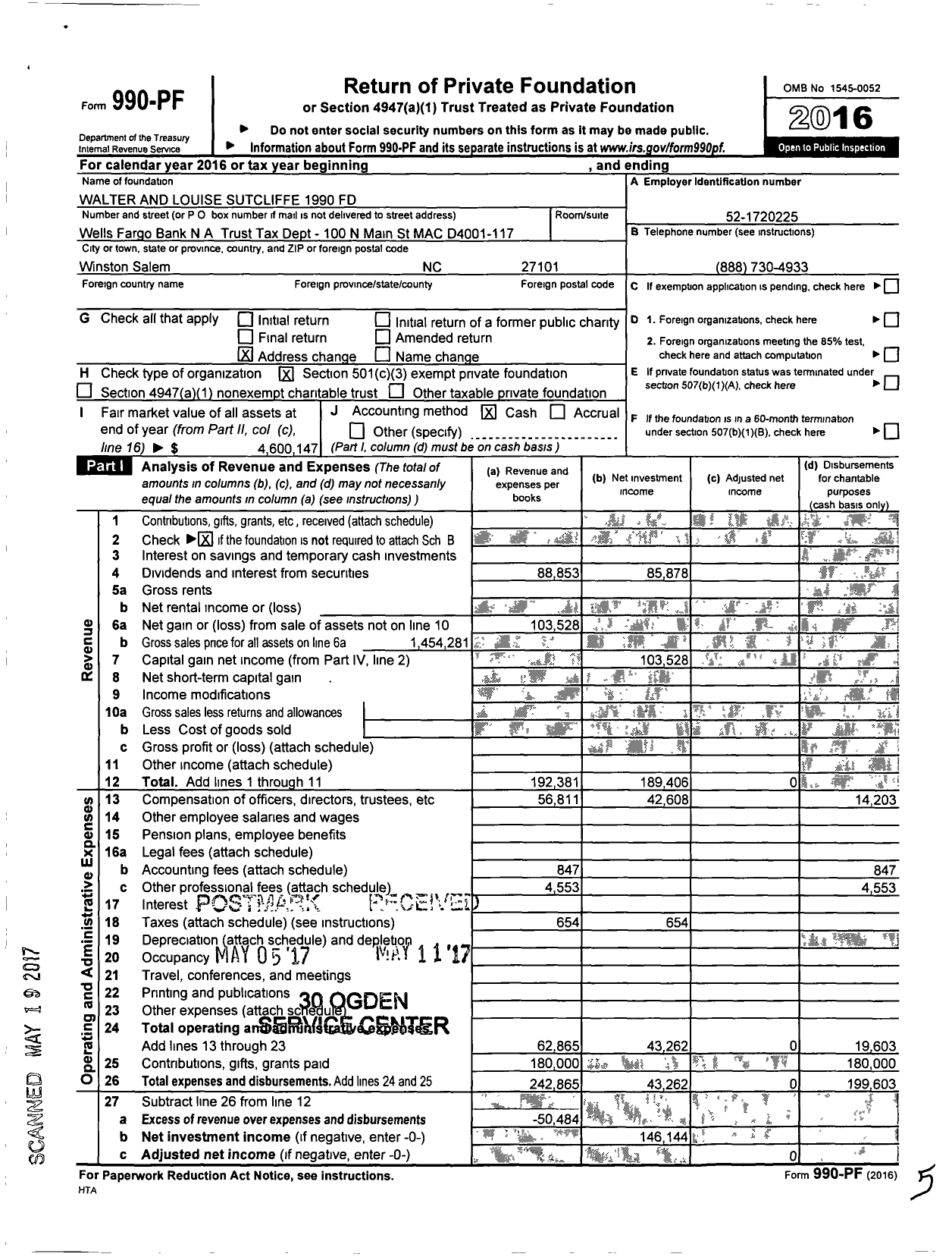 Image of first page of 2016 Form 990PF for Walter and Louise Sutcliffe 1990 Fund