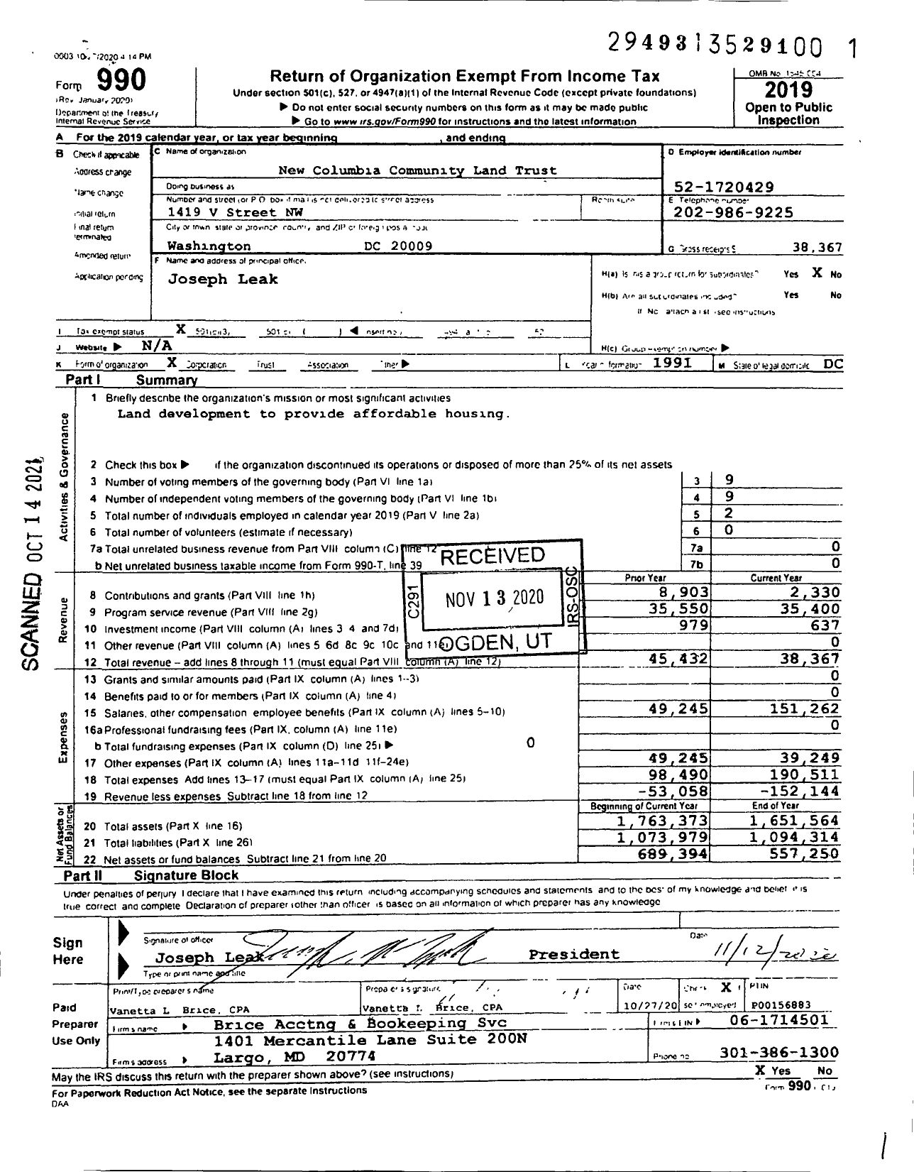 Image of first page of 2019 Form 990 for New Columbia Community Land Trust