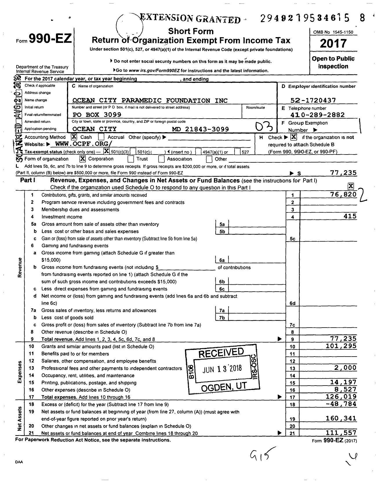 Image of first page of 2017 Form 990EZ for Ocean City Paramedic Foundation