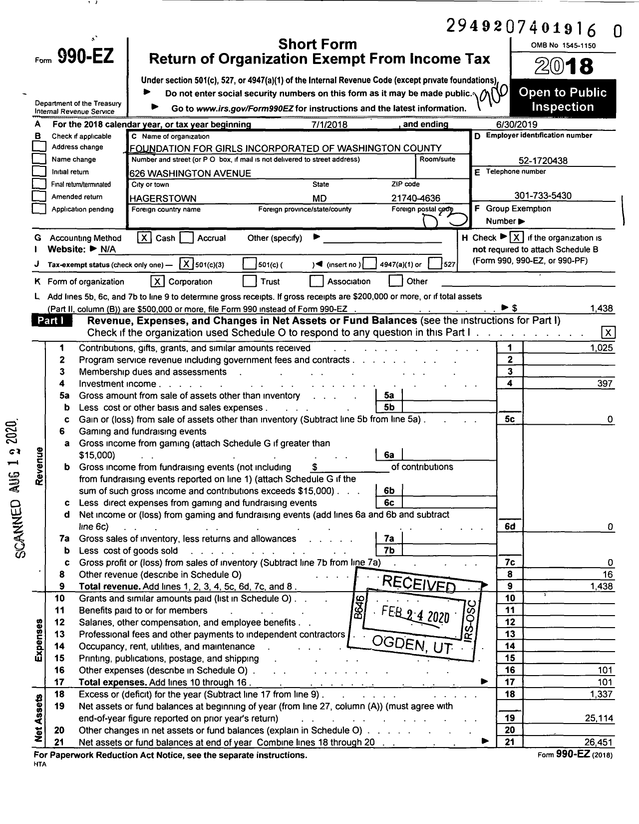 Image of first page of 2018 Form 990EZ for Foundation for Girls Incorporated of Washington County