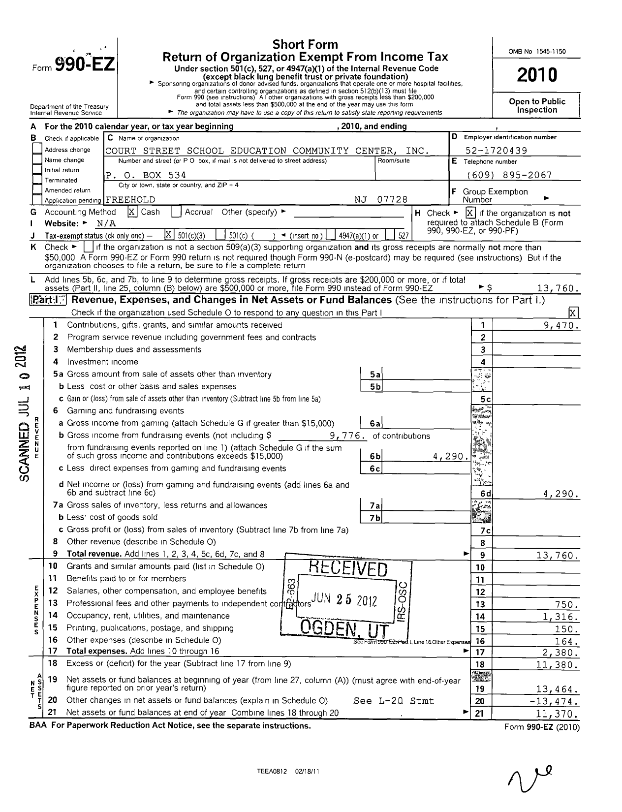 Image of first page of 2010 Form 990EZ for Court Street School Education Community Center
