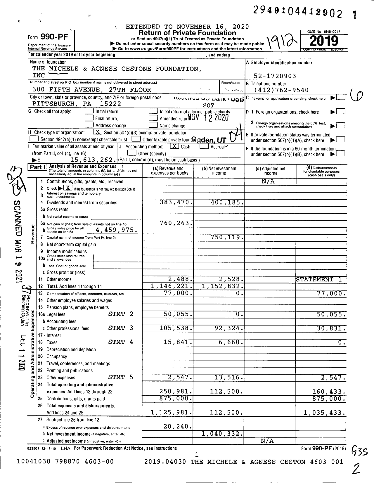 Image of first page of 2019 Form 990PF for The Michele and Agnese Cestone Foundation