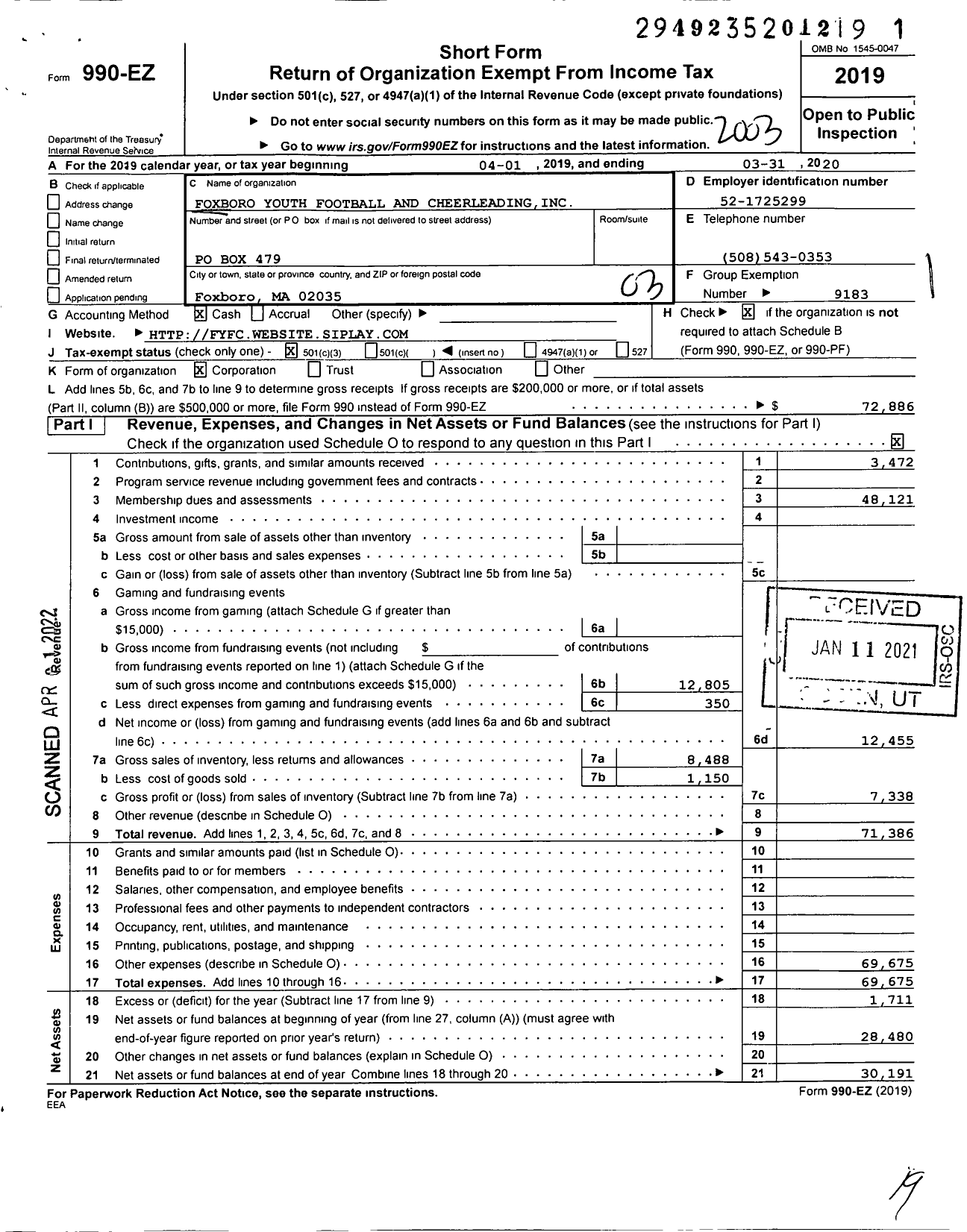 Image of first page of 2019 Form 990EZ for Foxboro Midget Football Pop Warner Association