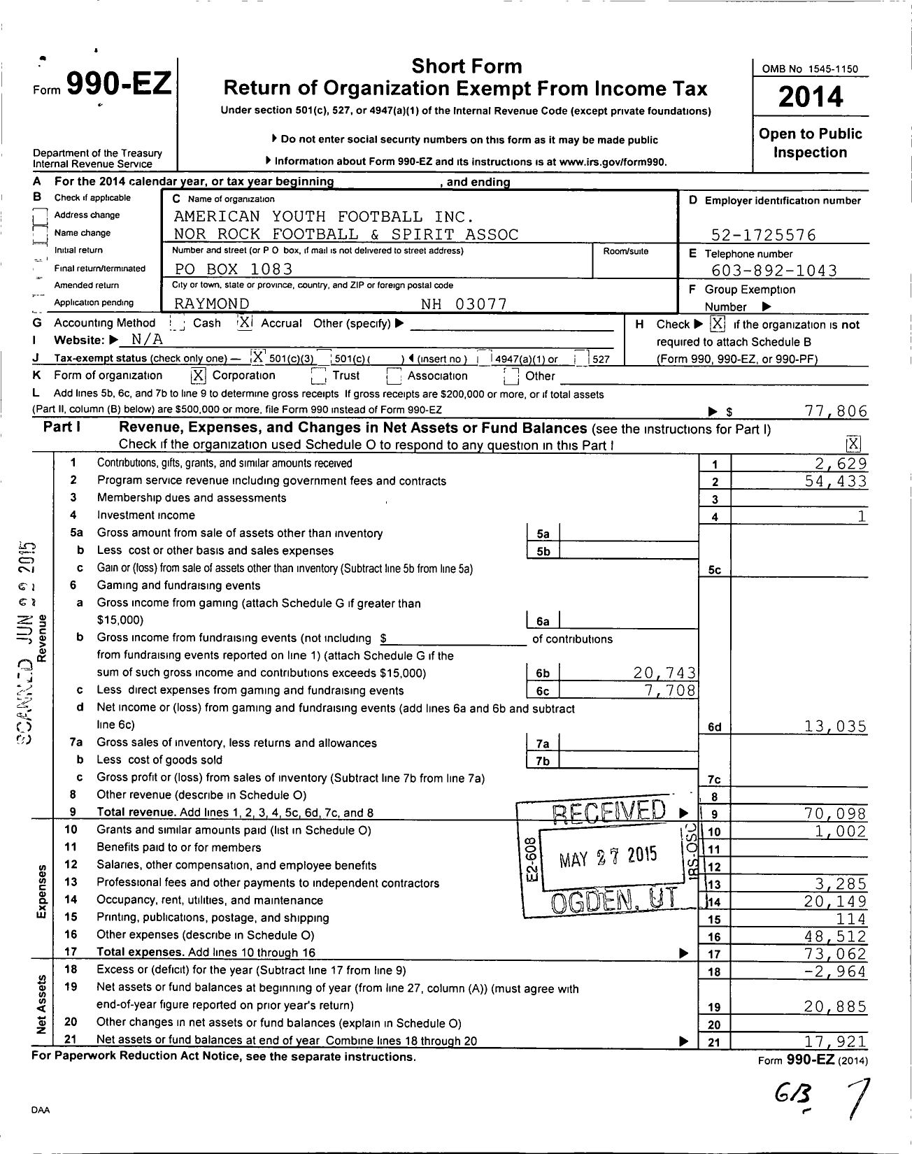 Image of first page of 2014 Form 990EZ for Tri Town Renegade Youth Football