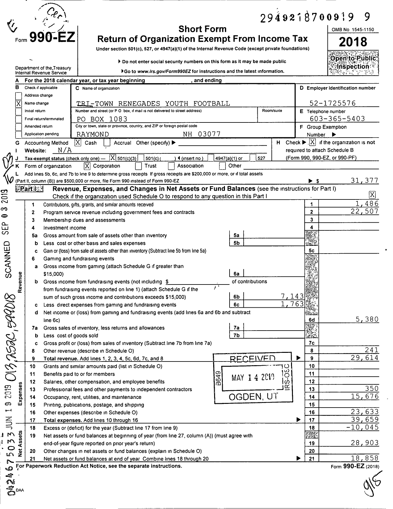 Image of first page of 2018 Form 990EZ for Tri Town Renegade Youth Football