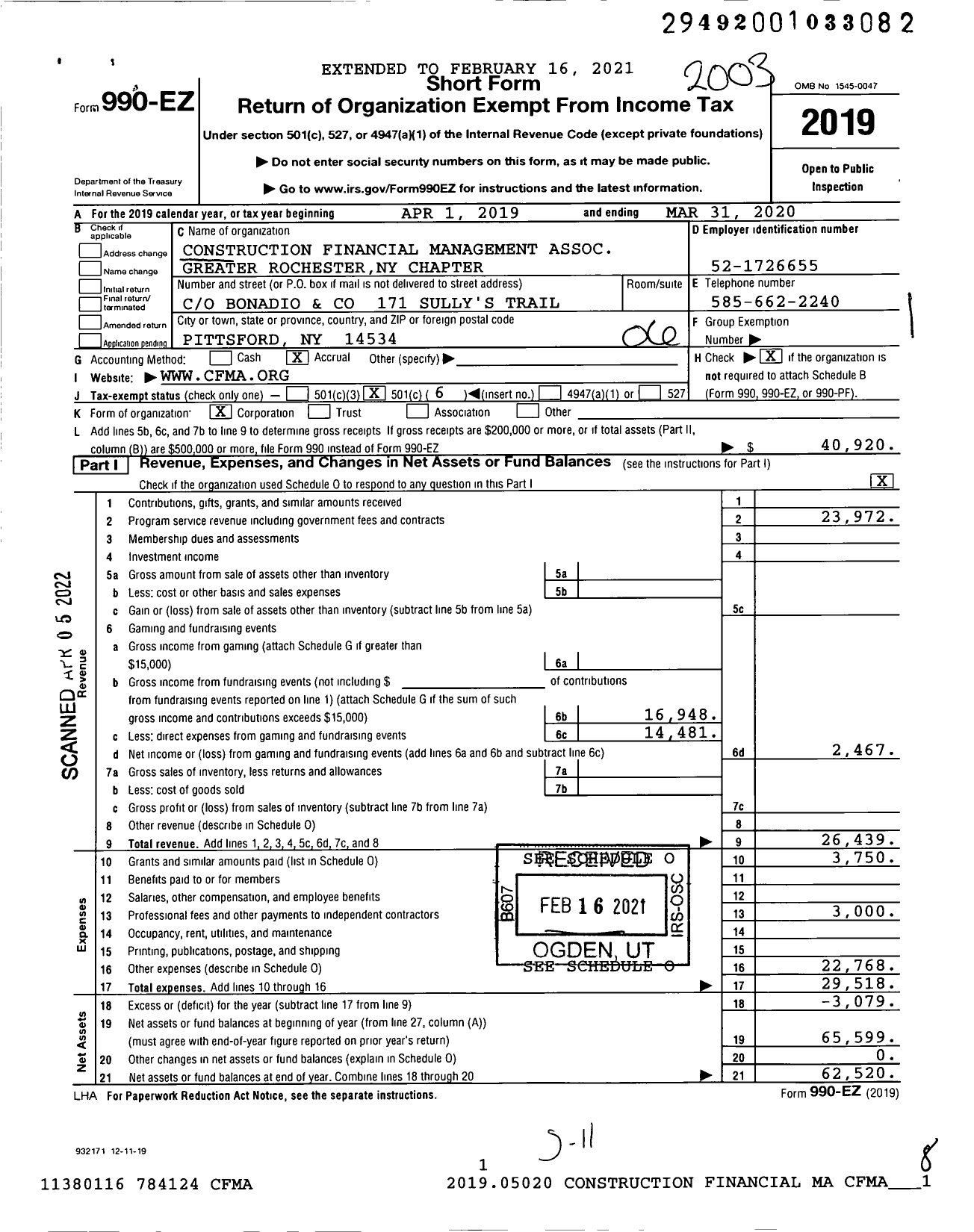 Image of first page of 2019 Form 990EO for Construction Financial Management Association Greater Rochesterny Chapter