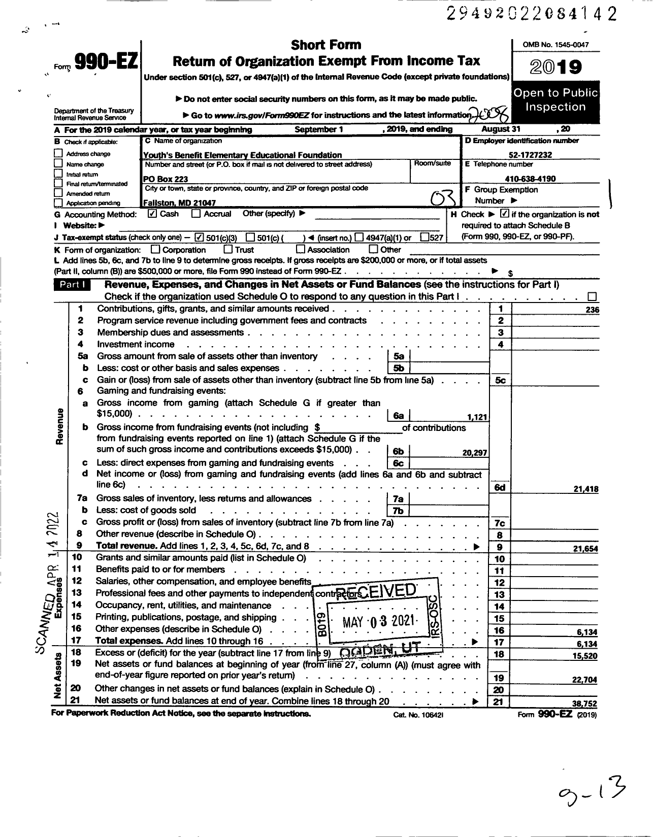 Image of first page of 2019 Form 990EZ for Youths Benefit Elementary School Educational Foundation
