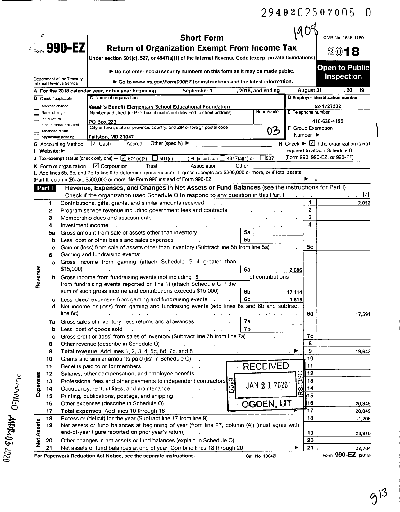 Image of first page of 2018 Form 990EZ for Youths Benefit Elementary School Educational Foundation