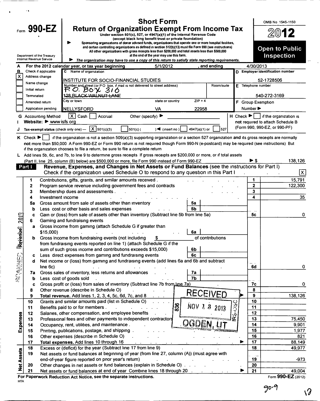 Image of first page of 2012 Form 990EZ for Institute for Socio-Financial Studies