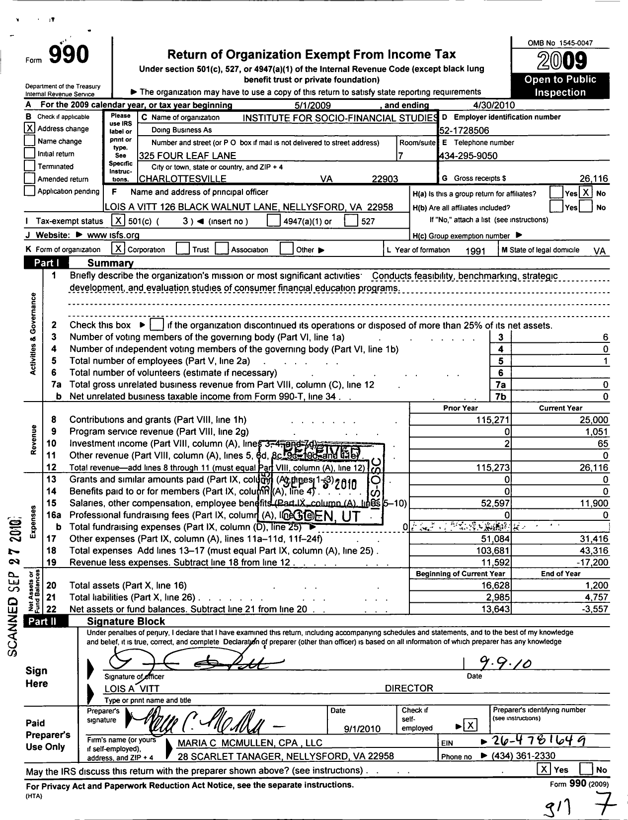 Image of first page of 2009 Form 990 for Institute for Socio-Financial Studies