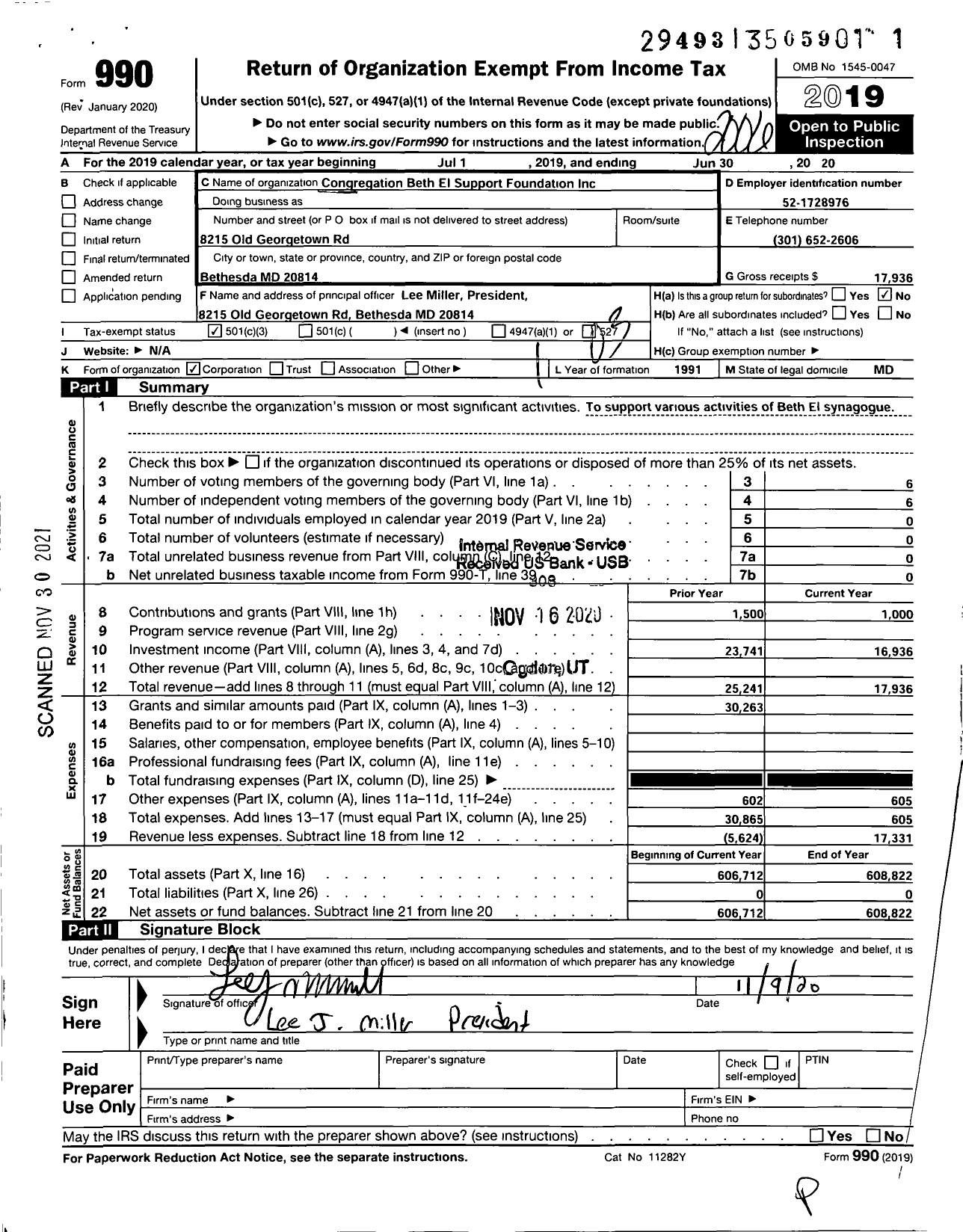 Image of first page of 2019 Form 990 for Congregation Beth El of Montgomery County Support Foundation