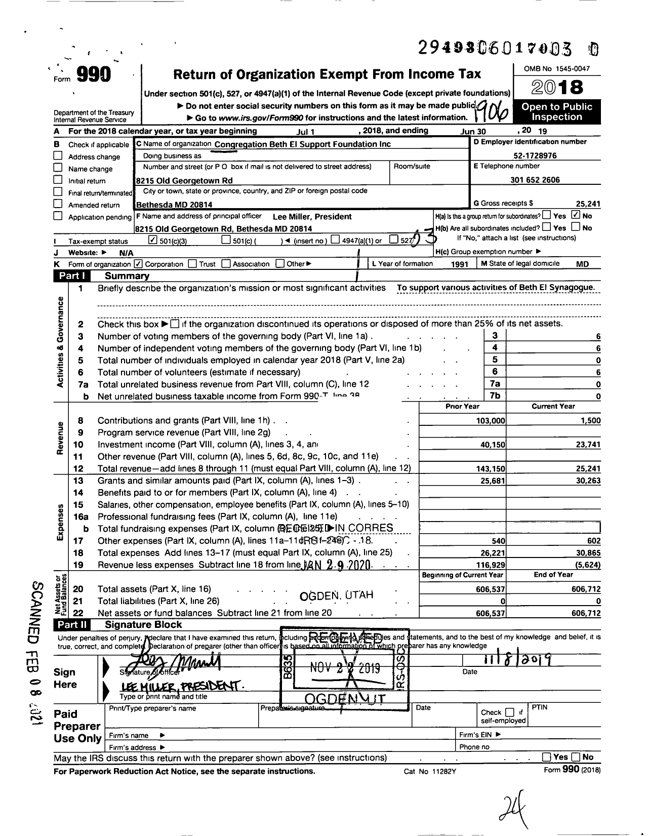 Image of first page of 2018 Form 990 for Congregation Beth El of Montgomery County Support Foundation