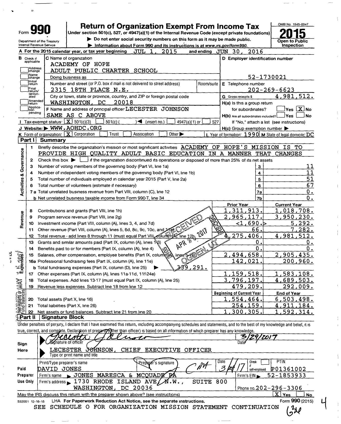 Image of first page of 2015 Form 990 for Academy of Hope Adult Public Charter School