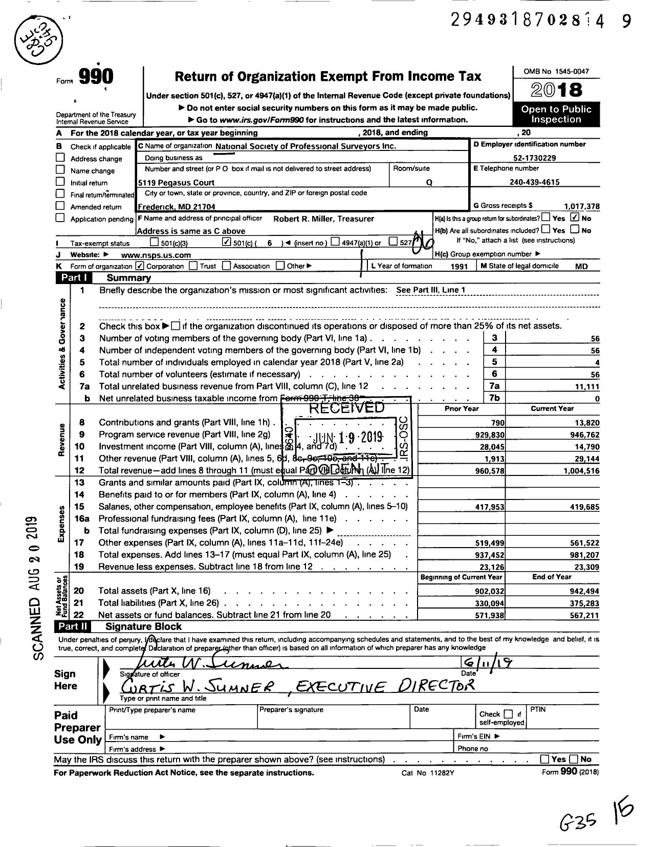 Image of first page of 2018 Form 990O for National Society of Professional Surveyors (NSPS)