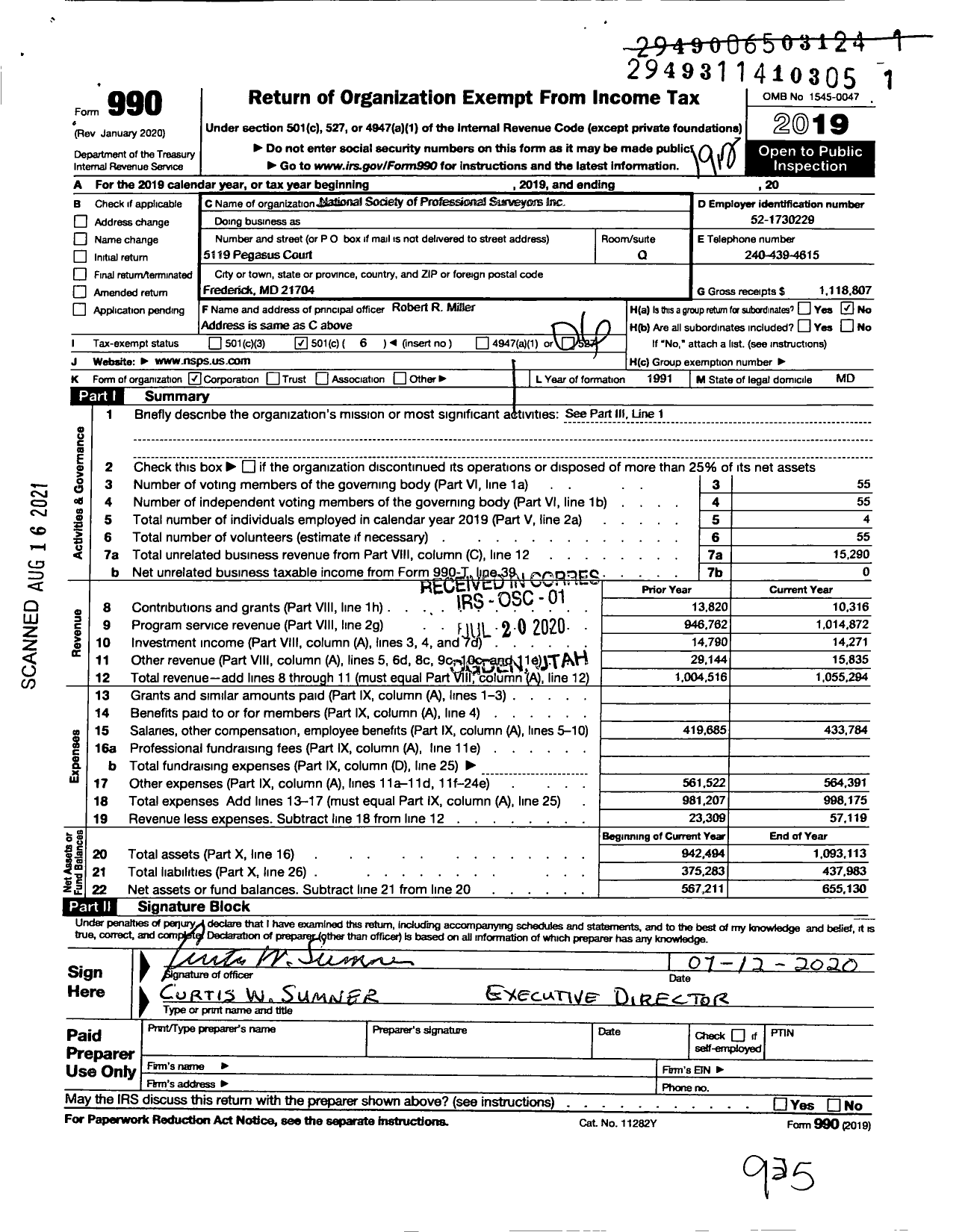 Image of first page of 2019 Form 990O for National Society of Professional Surveyors (NSPS)