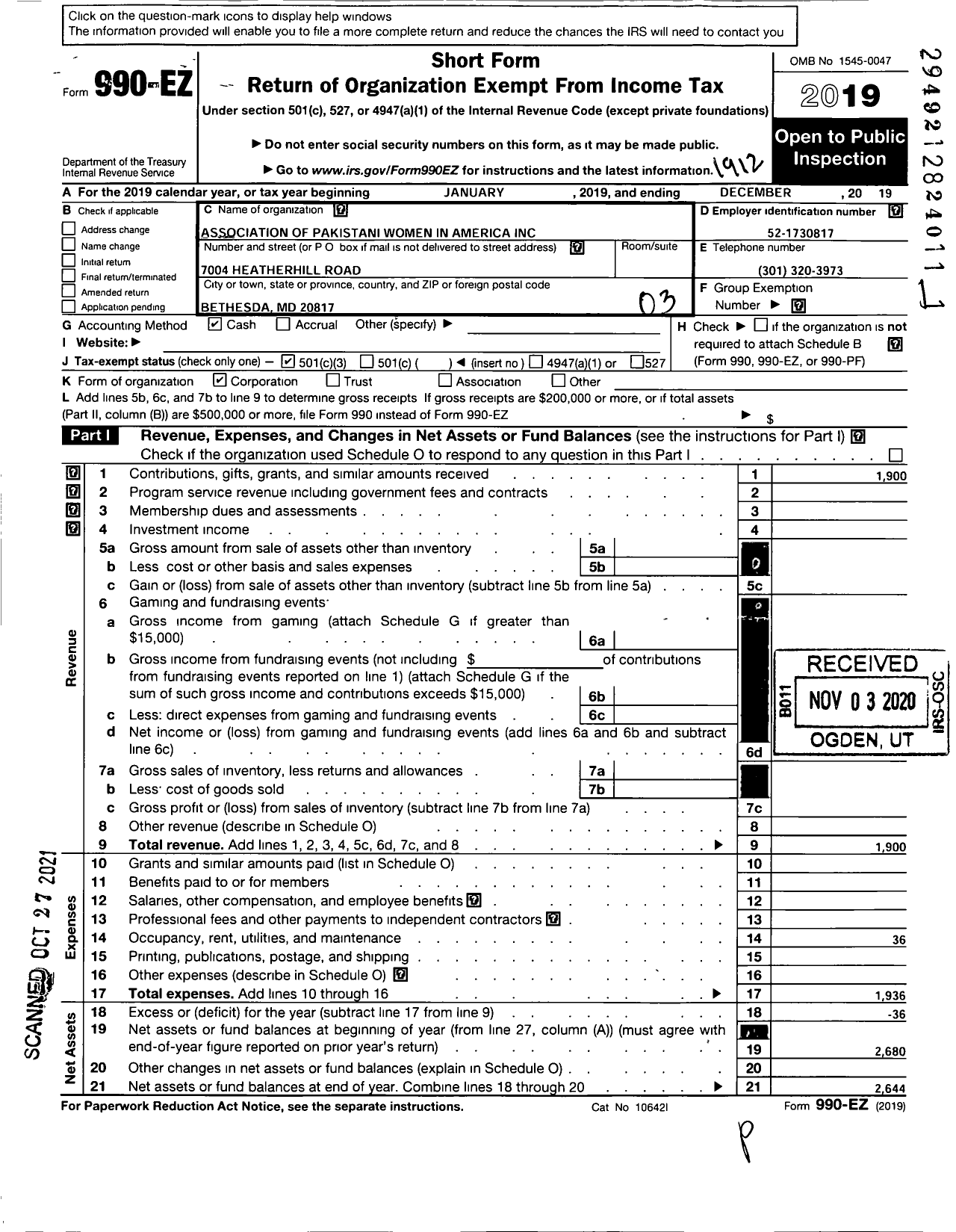 Image of first page of 2019 Form 990EZ for Association of Pakistani Women in America