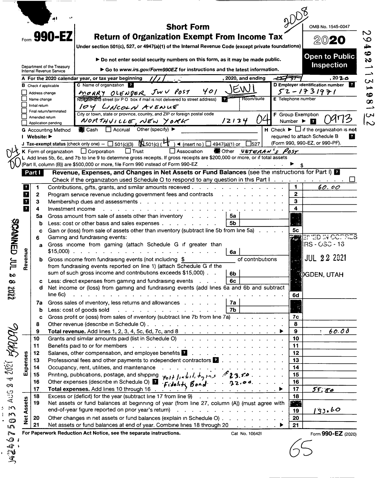 Image of first page of 2019 Form 990EO for Jewish War Veterans of the United States of America - 401 Morry Olender Post