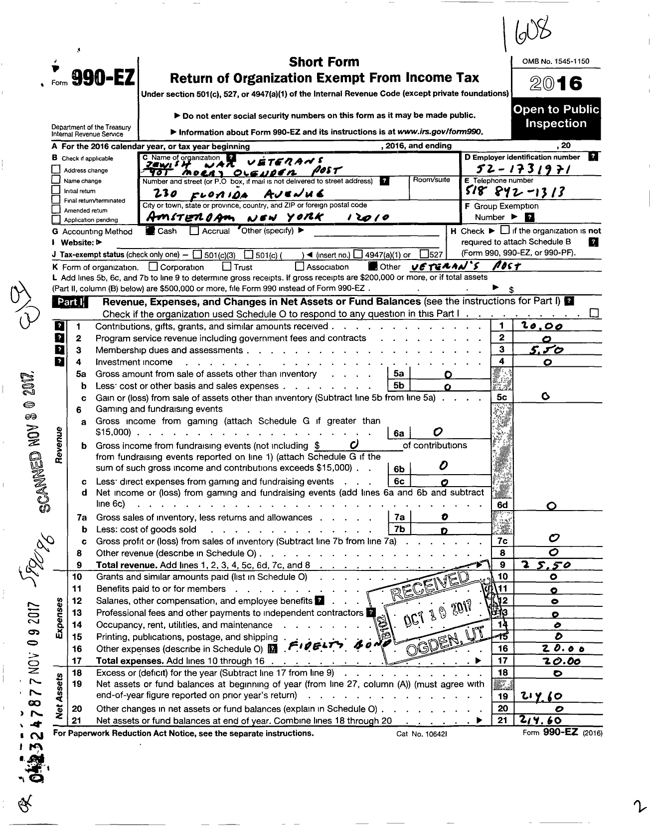 Image of first page of 2016 Form 990EO for Jewish War Veterans of the United States of America - 401 Morry Olender Post