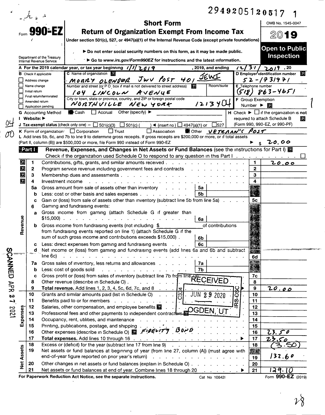 Image of first page of 2019 Form 990EO for Jewish War Veterans of the United States of America - 401 Morry Olender Post