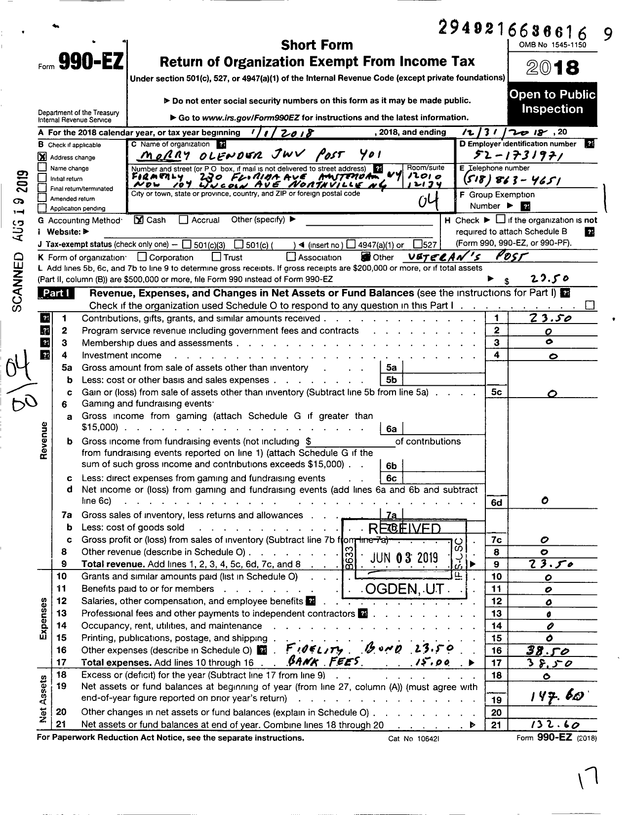 Image of first page of 2018 Form 990EO for Jewish War Veterans of the United States of America - 401 Morry Olender Post