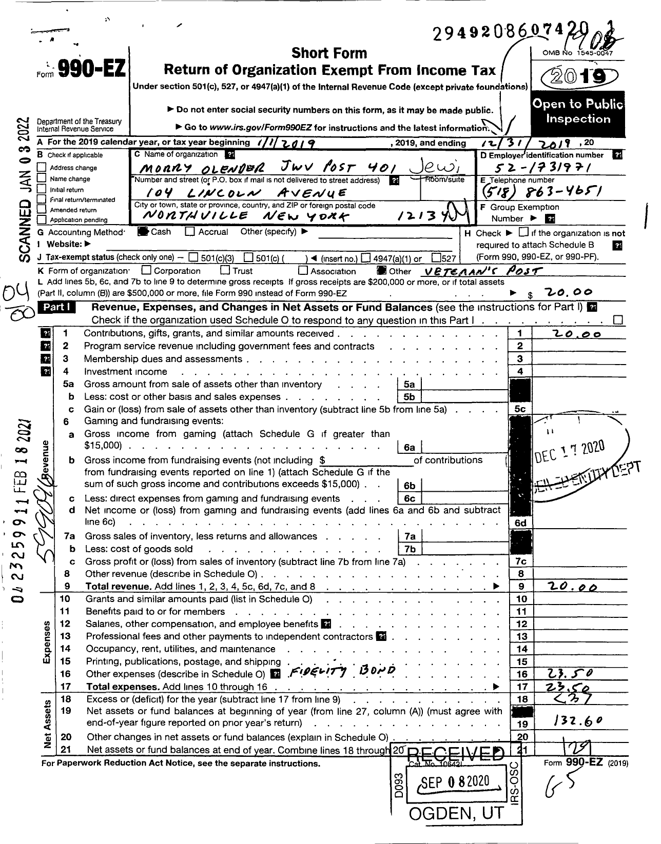 Image of first page of 2018 Form 990EO for Jewish War Veterans of the United States of America - 401 Morry Olender Post