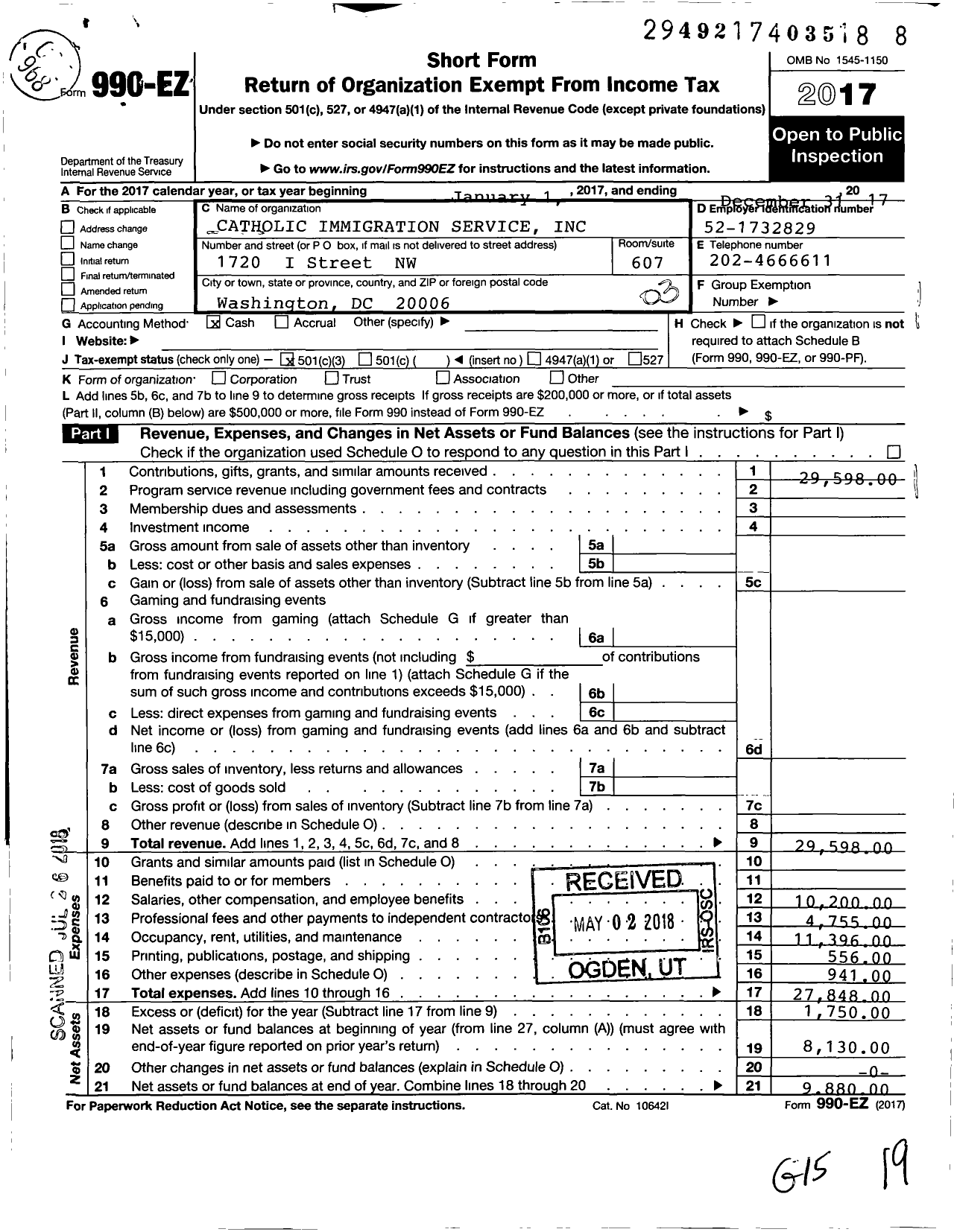 Image of first page of 2017 Form 990EZ for Catholic Immigration Service