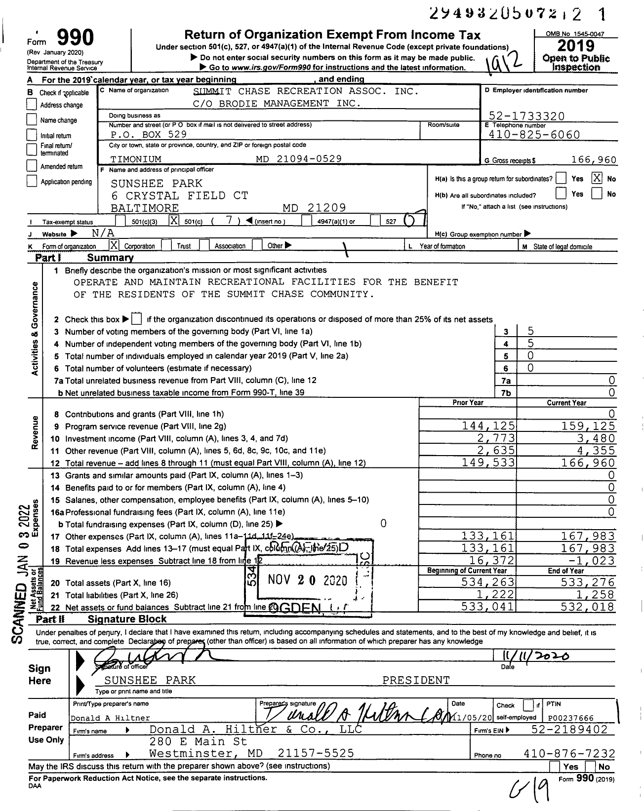 Image of first page of 2019 Form 990O for Summit Chase Recreation Association