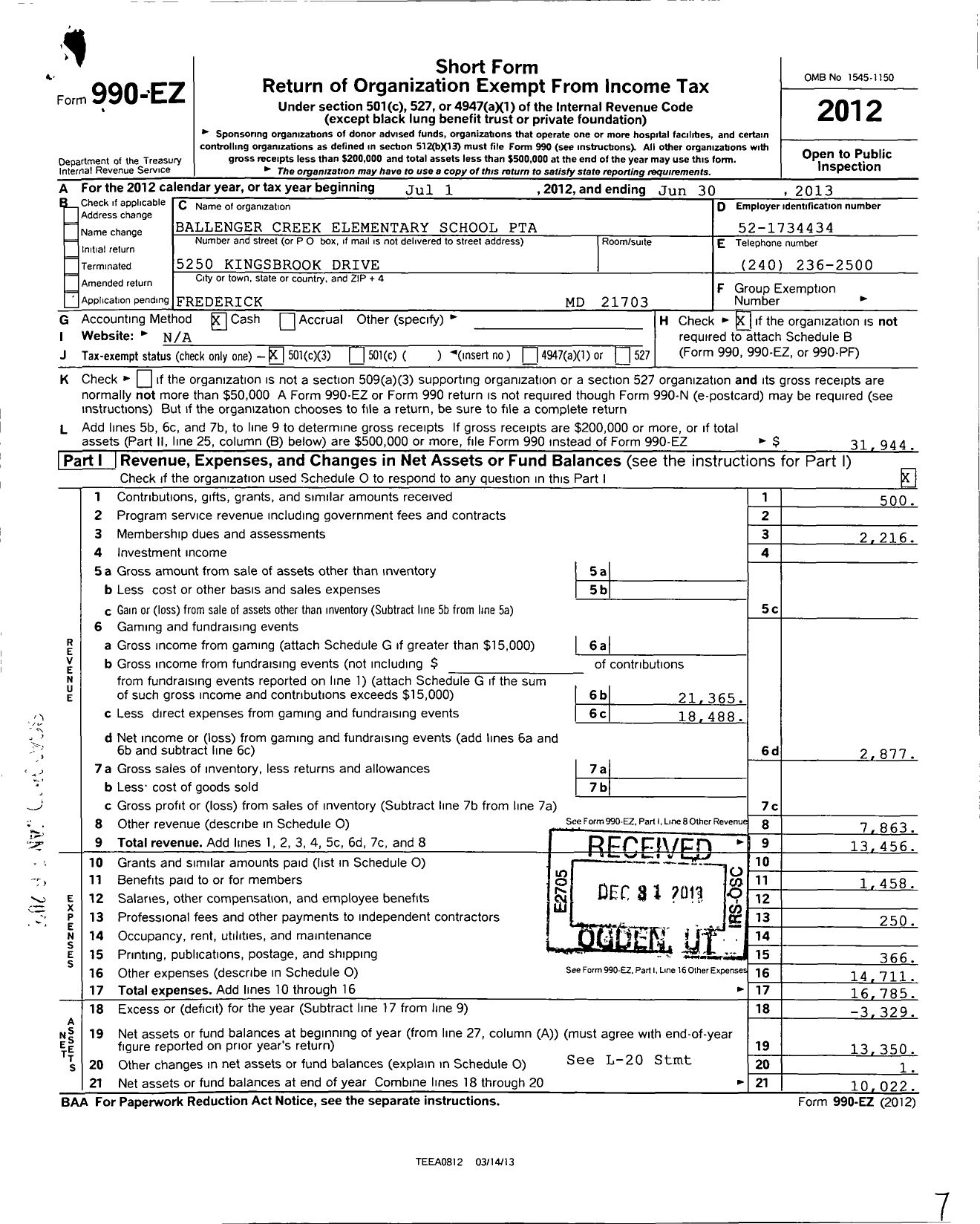 Image of first page of 2012 Form 990EZ for PTA Maryland Congress of Parents and Teachers / Ballenger Creek Elem School PTA