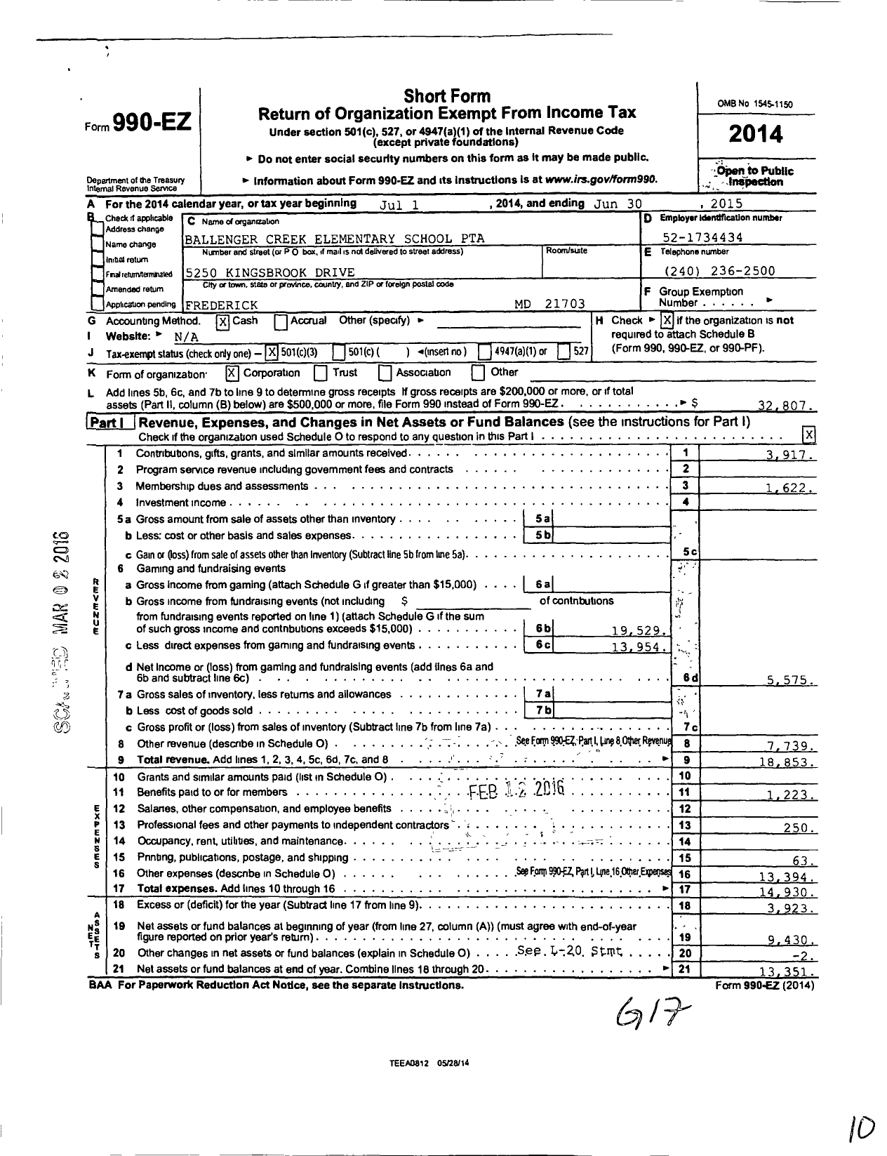 Image of first page of 2014 Form 990EZ for PTA Maryland Congress of Parents and Teachers / Ballenger Creek Elem School PTA