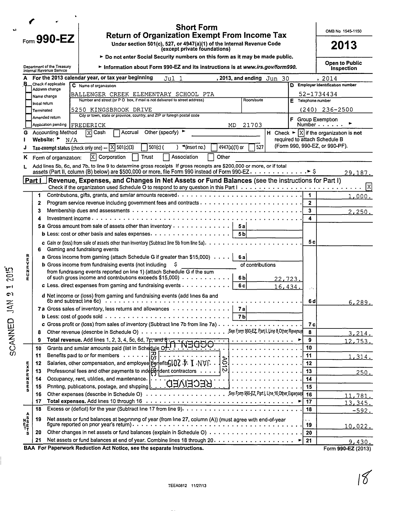 Image of first page of 2013 Form 990EZ for PTA Maryland Congress of Parents and Teachers / Ballenger Creek Elem School PTA