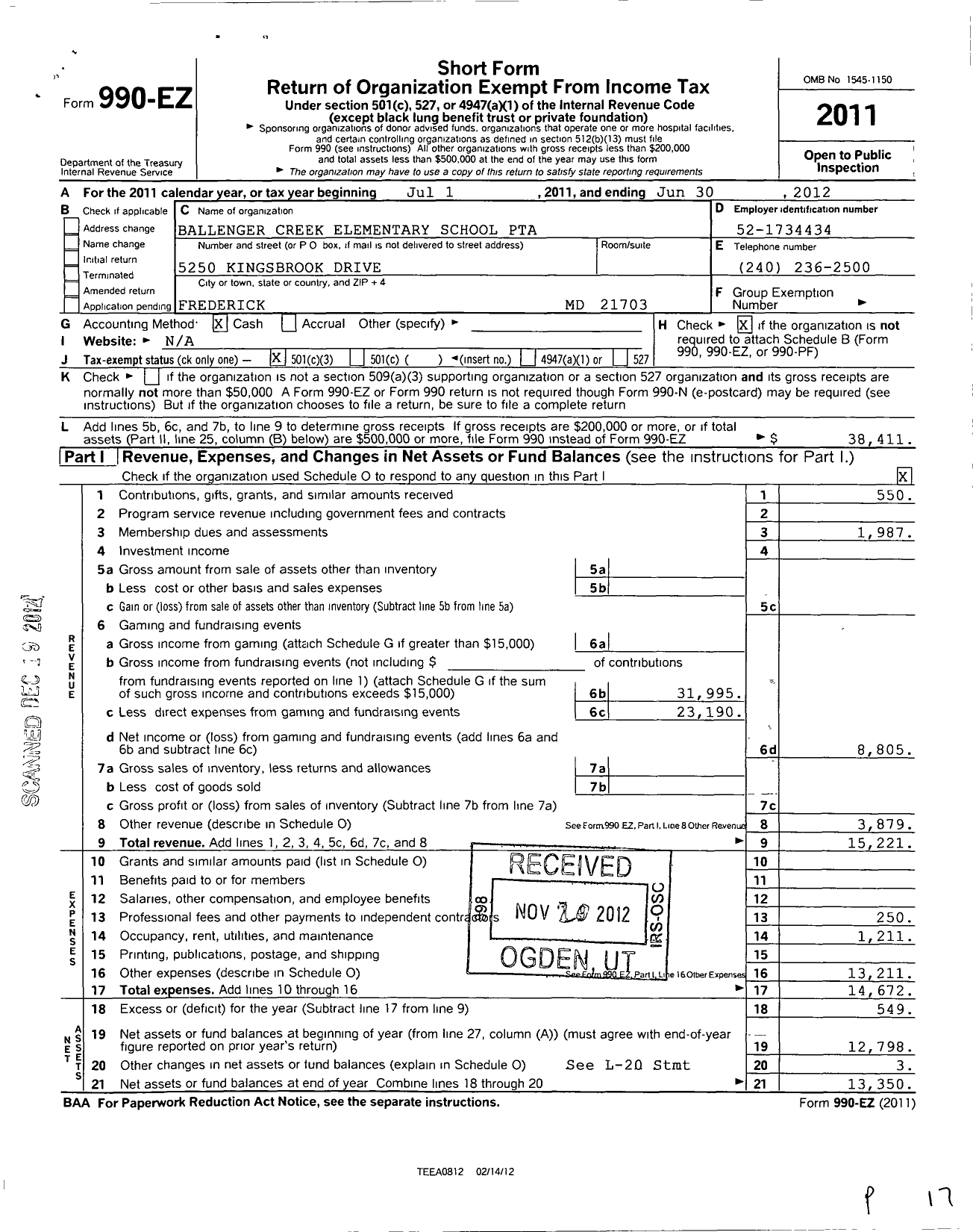 Image of first page of 2011 Form 990EZ for PTA Maryland Congress of Parents and Teachers / Ballenger Creek Elem School PTA