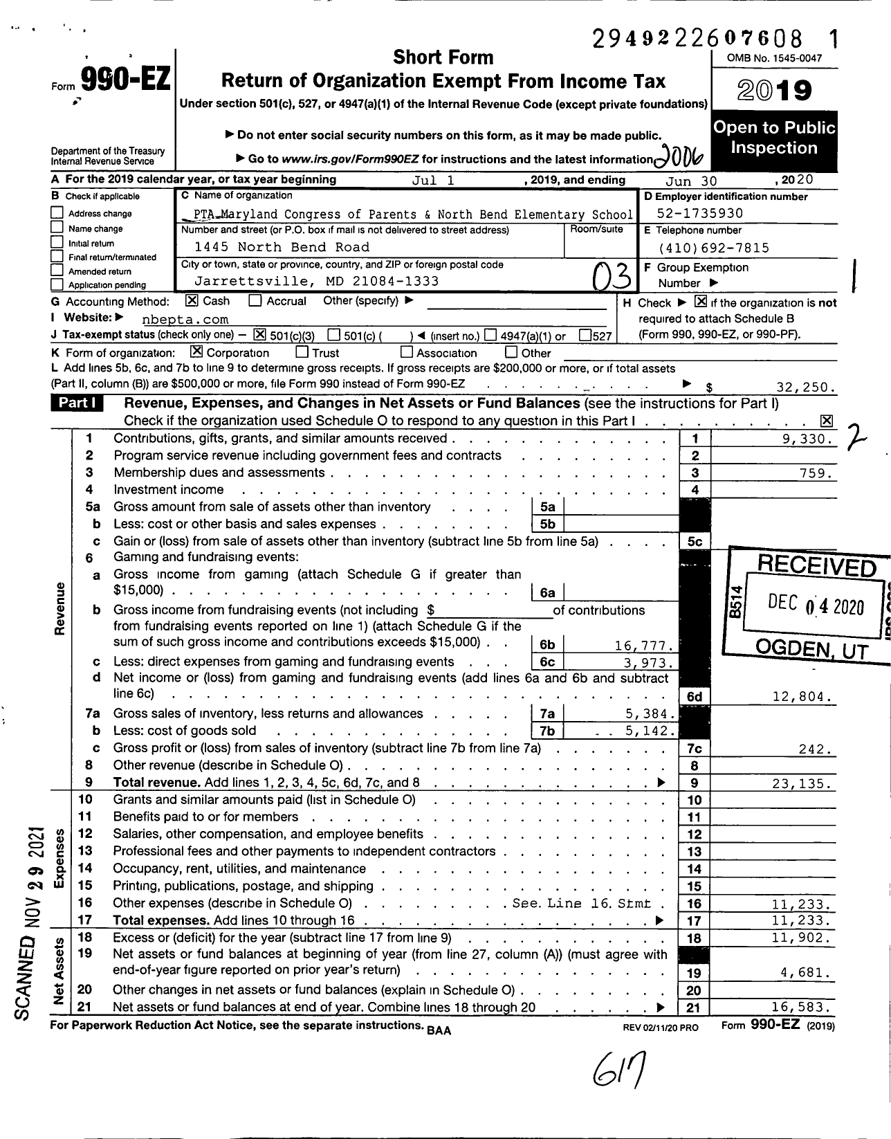 Image of first page of 2019 Form 990EZ for PTA Delaware Congress of Parents & North Bend Elementary School