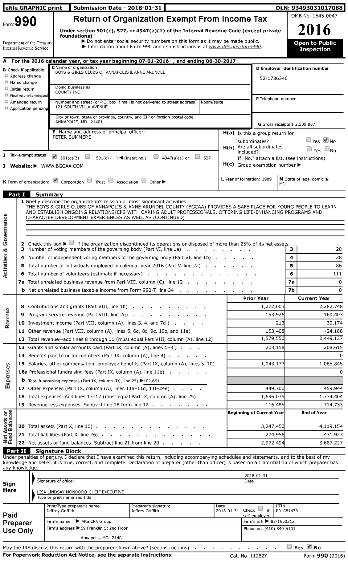 Image of first page of 2016 Form 990 for Boys and Girls Clubs of Annapolis and Anne Arundel County