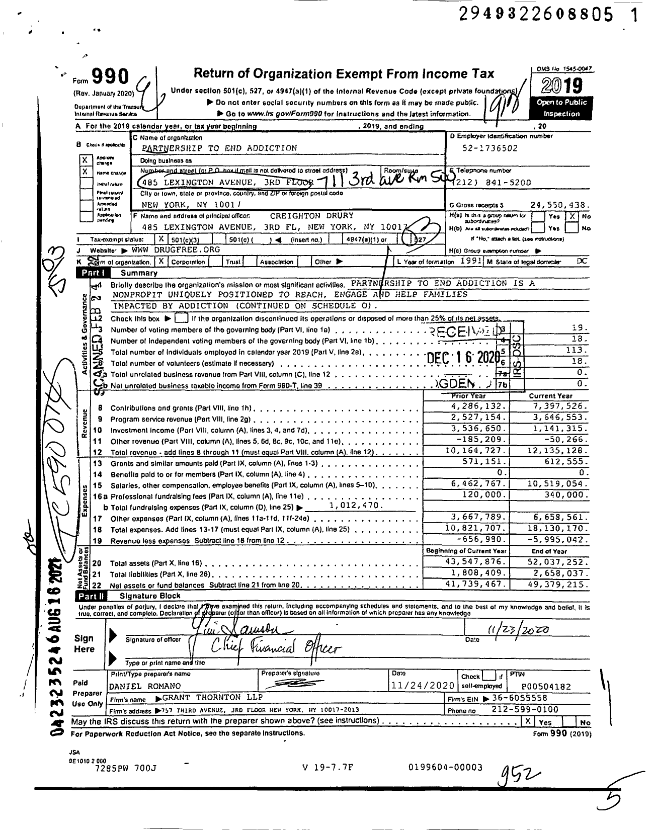 Image of first page of 2019 Form 990 for Partnership To End Addiction