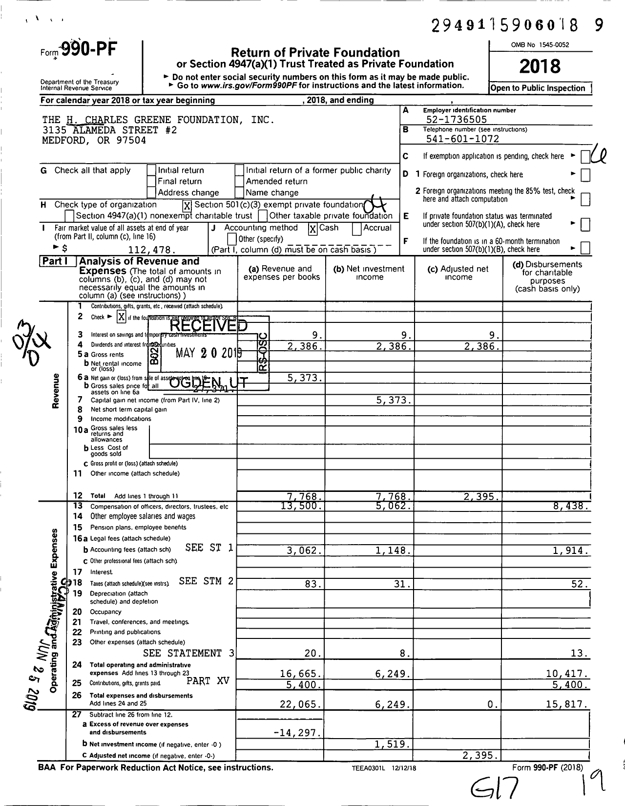 Image of first page of 2018 Form 990PF for The H Charles Greene Foundation
