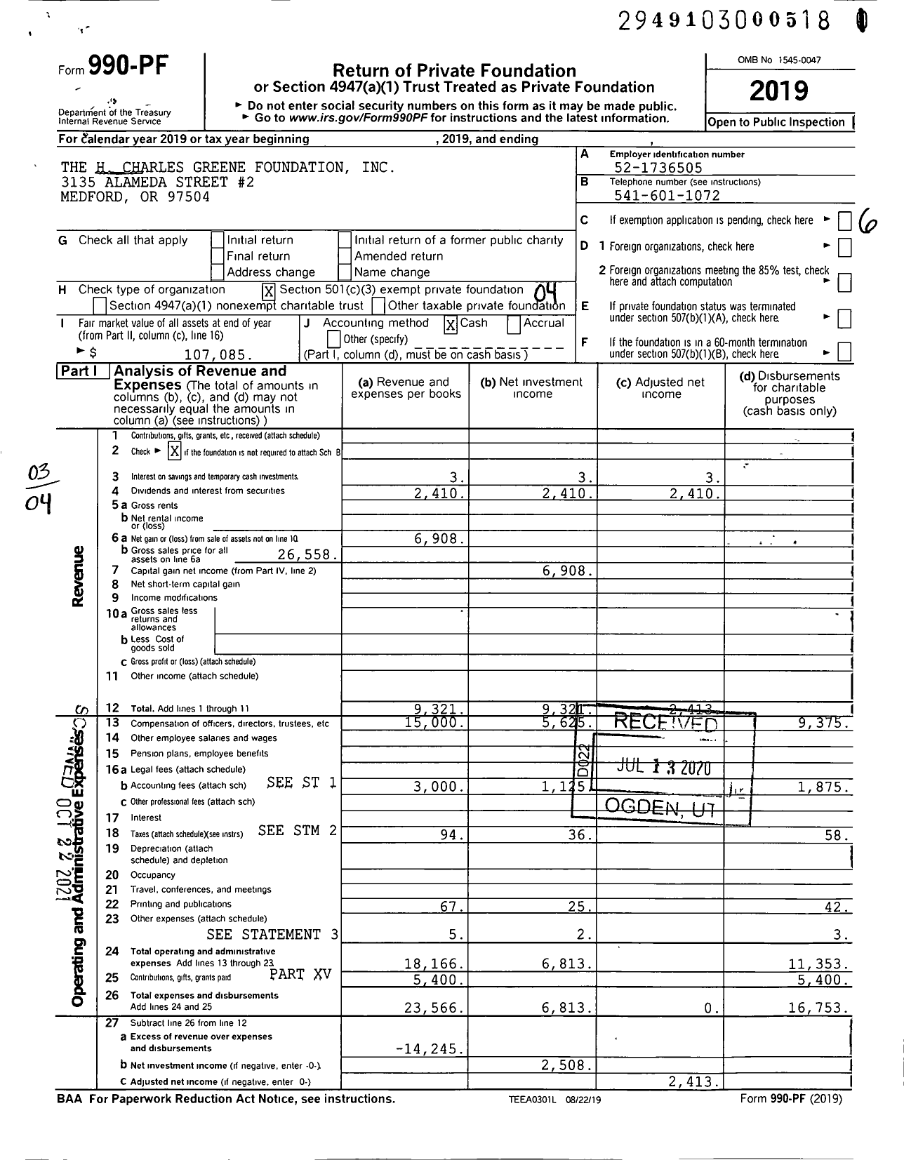 Image of first page of 2019 Form 990PF for The H Charles Greene Foundation