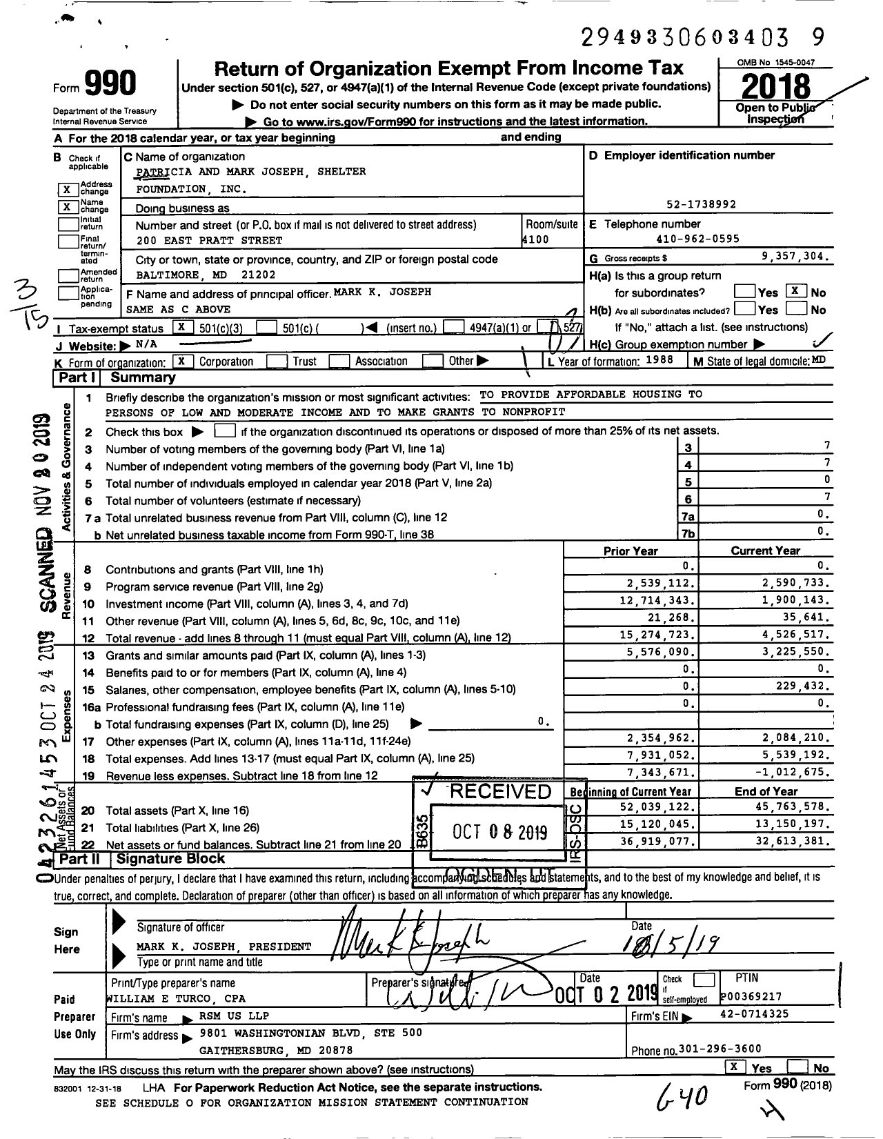 Image of first page of 2018 Form 990 for Patricia and Mark Joseph Shelter Foundation