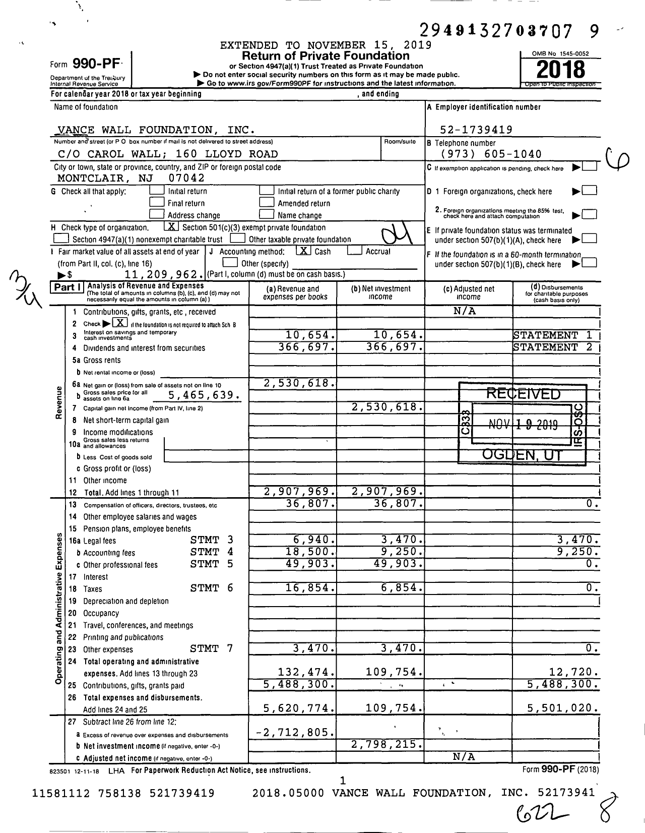 Image of first page of 2018 Form 990PF for Vance Wall Foundation