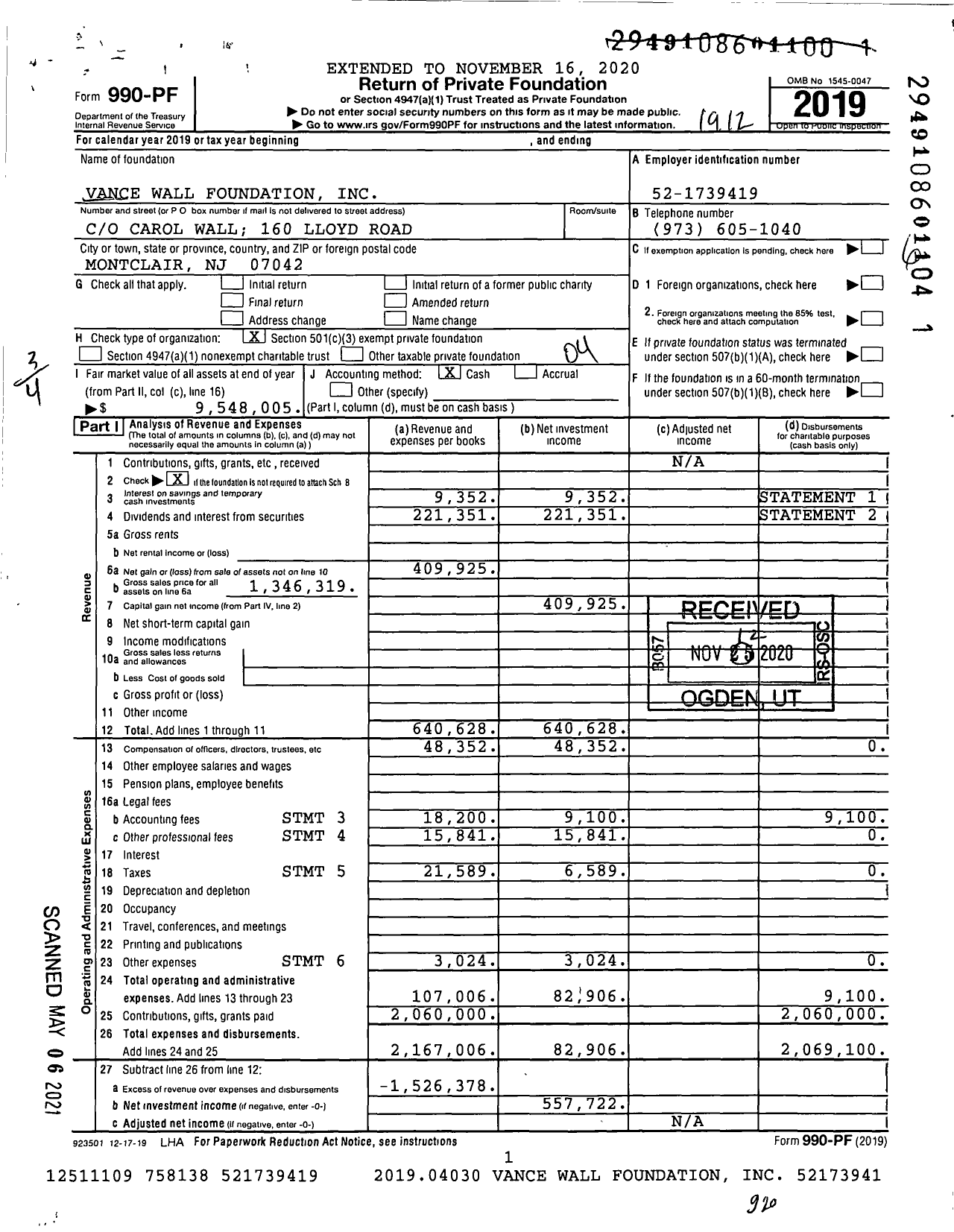 Image of first page of 2019 Form 990PF for Vance Wall Foundation