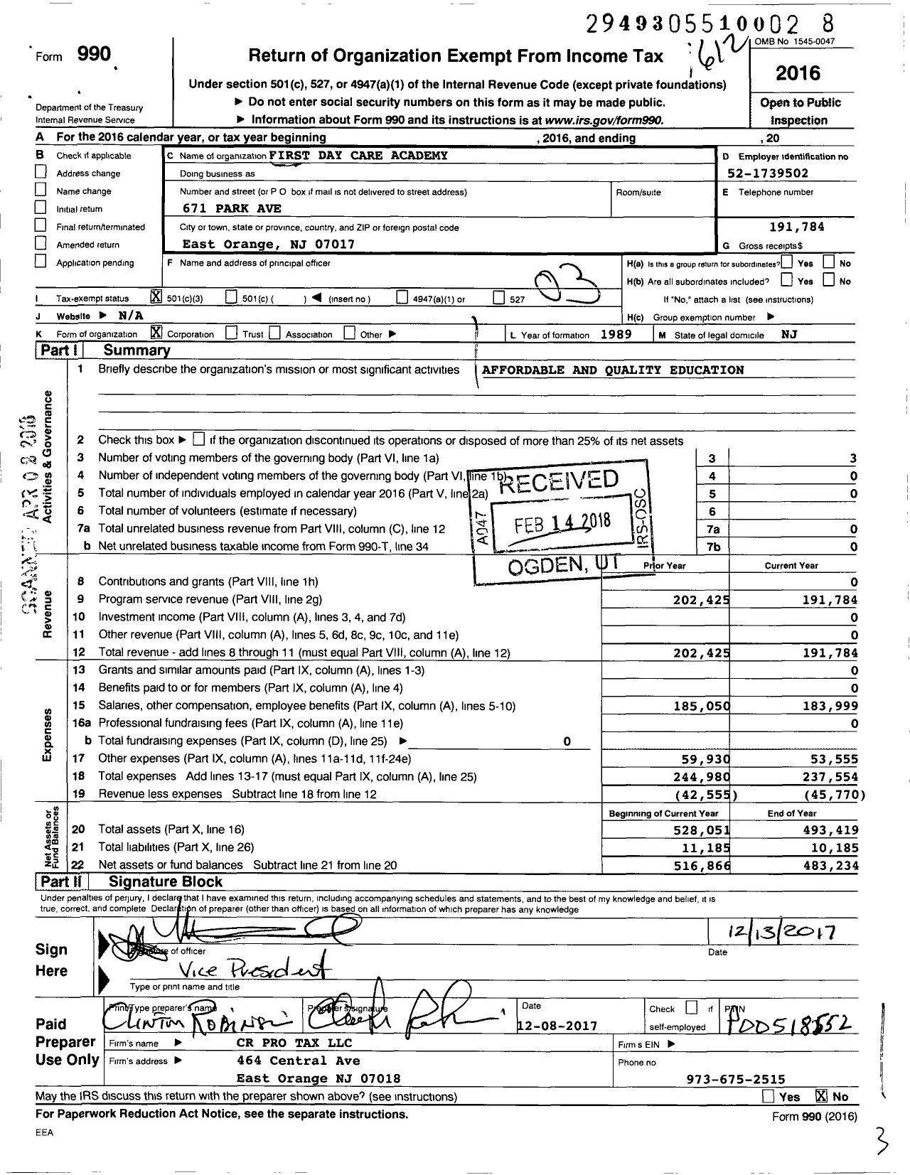 Image of first page of 2016 Form 990 for First Day Care Academy