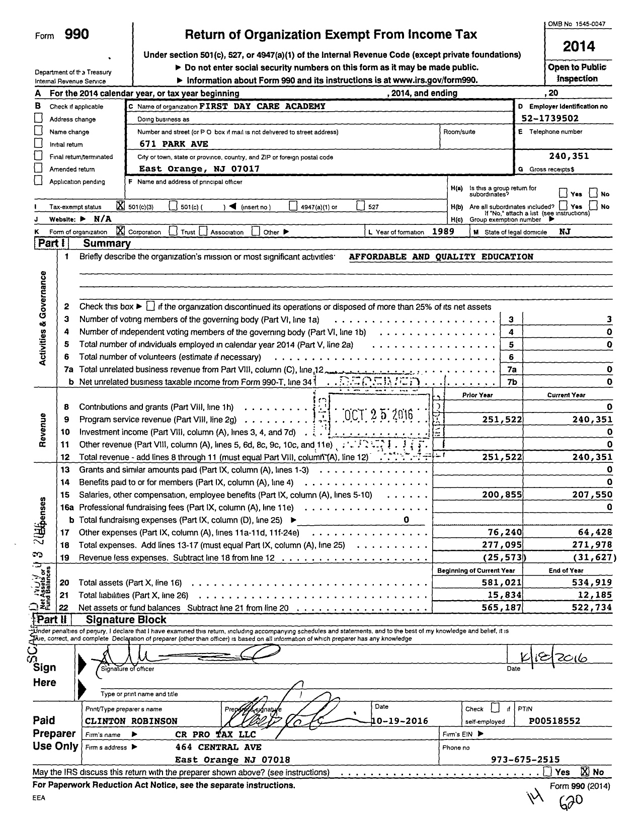 Image of first page of 2014 Form 990 for First Day Care Academy